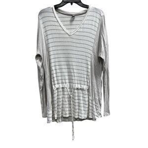 SWEET GRAY tan white Jersey knit national striped check blouse weekend sz L